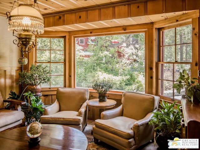 sunroom / solarium featuring wooden ceiling, a chandelier, and plenty of natural light