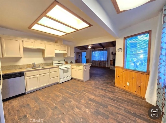 kitchen featuring dishwasher, white range, sink, dark hardwood / wood-style floors, and kitchen peninsula