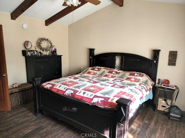 bedroom featuring lofted ceiling with beams, dark hardwood / wood-style floors, and ceiling fan