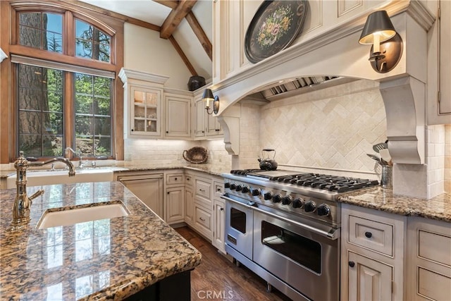28964 Quail Run Ct, Lake Arrowhead, CA 92352 - kitchen with double oven range, a sink, dark wood finished floors, cream cabinetry, and backsplash