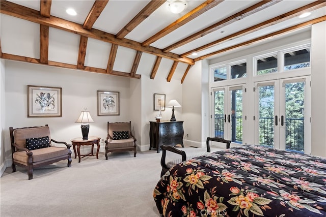 bedroom with beam ceiling, a high ceiling, access to exterior, and light colored carpet