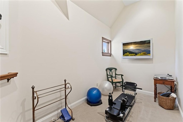 28964 Quail Run Ct, Lake Arrowhead, CA 92352 - workout room featuring carpet floors, vaulted ceiling, and baseboards