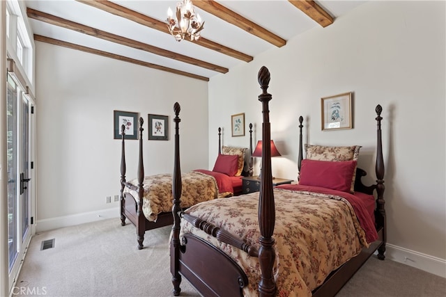 carpeted bedroom with beam ceiling, a notable chandelier, and multiple windows