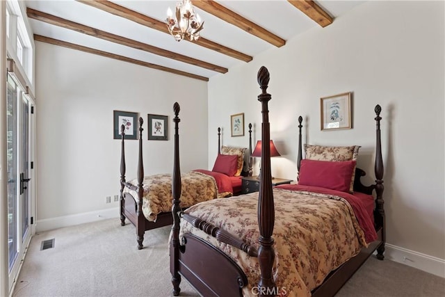 28964 Quail Run Ct, Lake Arrowhead, CA 92352 - bedroom featuring light carpet, beam ceiling, a chandelier, and baseboards
