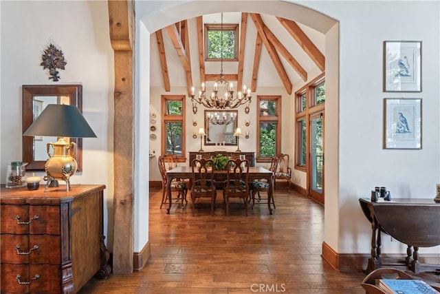28964 Quail Run Ct, Lake Arrowhead, CA 92352 - dining area with a chandelier, arched walkways, baseboards, hardwood / wood-style flooring, and plenty of natural light