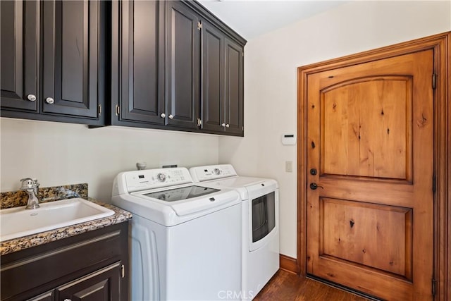 28964 Quail Run Ct, Lake Arrowhead, CA 92352 - washroom featuring cabinet space, separate washer and dryer, and dark wood-style floors