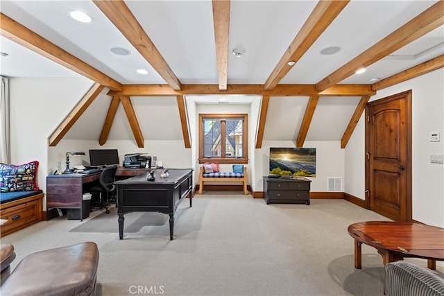 carpeted office space with lofted ceiling with beams