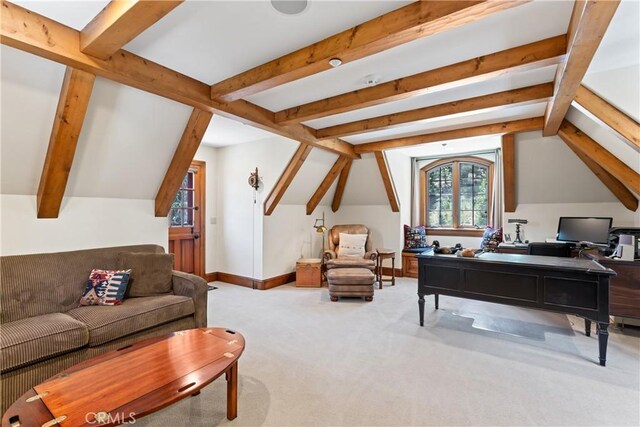 carpeted living room with lofted ceiling with beams