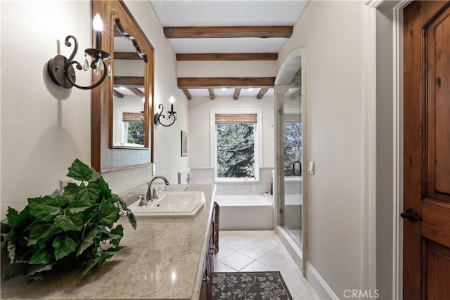 bathroom featuring vanity, shower with separate bathtub, beamed ceiling, and tile patterned flooring