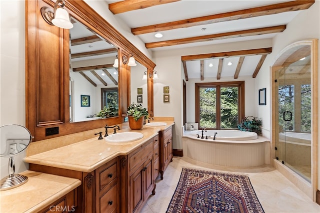 bathroom with vanity, vaulted ceiling with beams, tile patterned floors, and separate shower and tub