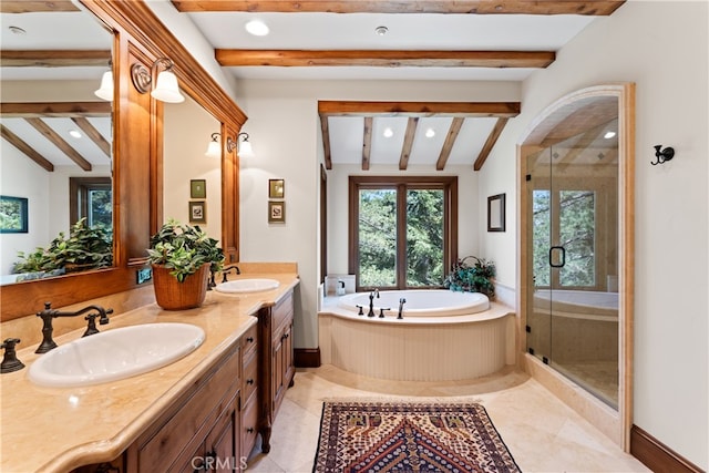 bathroom with vanity, separate shower and tub, vaulted ceiling with beams, and tile patterned flooring