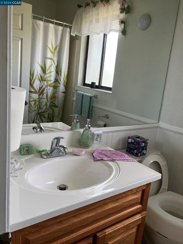 bathroom featuring vanity, a shower with shower curtain, and toilet