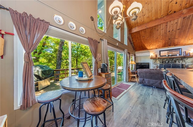 dining room featuring beamed ceiling, hardwood / wood-style flooring, high vaulted ceiling, and wooden ceiling