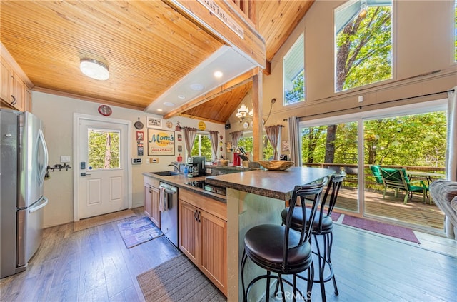 kitchen featuring wood ceiling, stainless steel appliances, light hardwood / wood-style flooring, and a kitchen bar