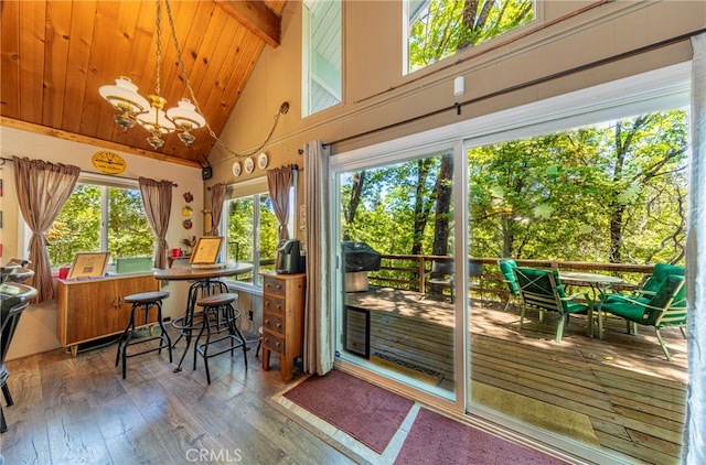 doorway with beamed ceiling, hardwood / wood-style floors, a healthy amount of sunlight, and high vaulted ceiling