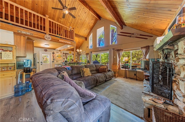 living room featuring beam ceiling, ceiling fan, hardwood / wood-style flooring, high vaulted ceiling, and wooden ceiling