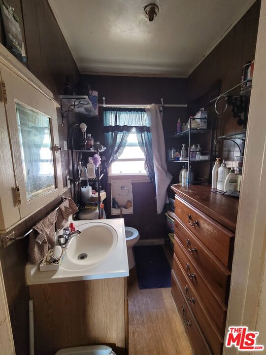 bathroom featuring wood-type flooring, vanity, and toilet