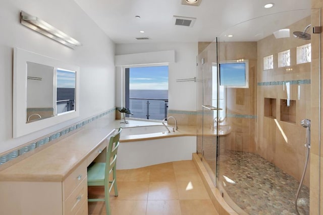 bathroom with plus walk in shower and tile patterned floors