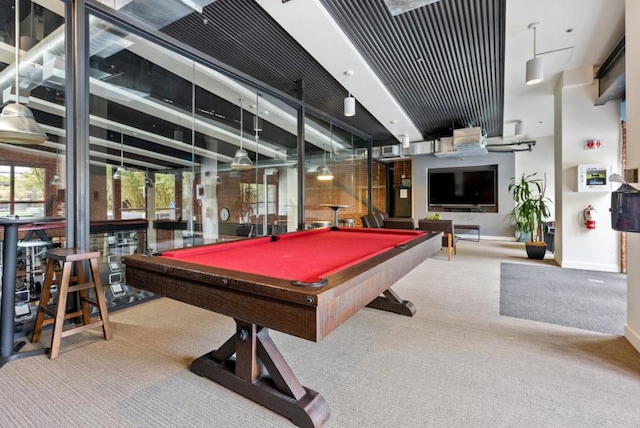 rec room with carpet floors and billiards