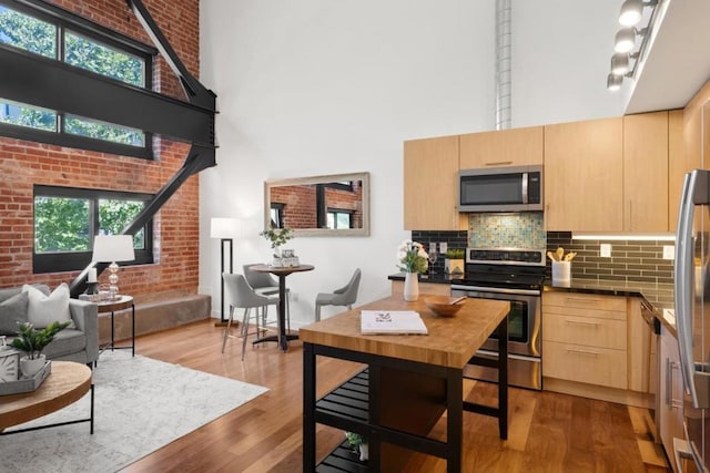 kitchen featuring appliances with stainless steel finishes, a towering ceiling, light brown cabinetry, a healthy amount of sunlight, and hardwood / wood-style floors