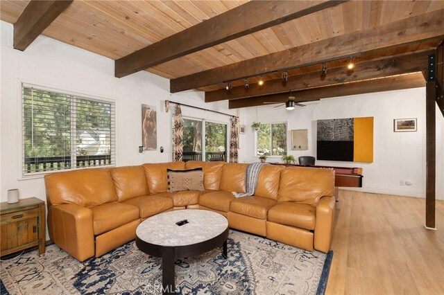 living room with beam ceiling, wooden ceiling, light wood-type flooring, and ceiling fan