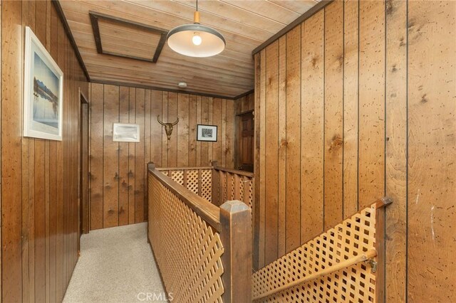 interior space featuring wood ceiling, wood walls, and carpet floors