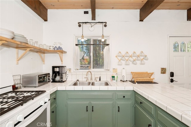 kitchen with tile countertops, beamed ceiling, wooden ceiling, and white stove