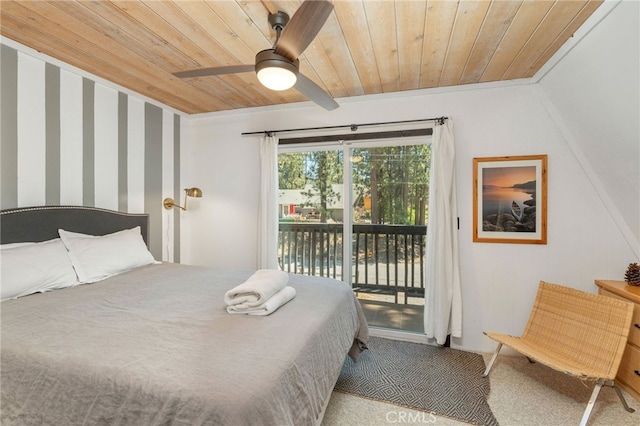 carpeted bedroom featuring ceiling fan, crown molding, access to outside, and wooden ceiling