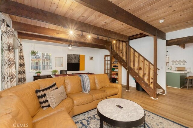 living room with wood ceiling, hardwood / wood-style floors, and beamed ceiling