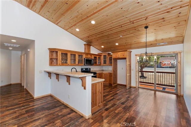 kitchen featuring kitchen peninsula, pendant lighting, wooden ceiling, dark hardwood / wood-style floors, and black range with electric stovetop