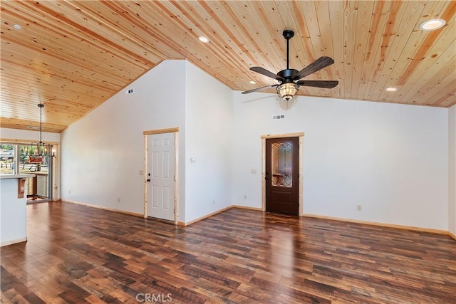 unfurnished room featuring ceiling fan with notable chandelier, high vaulted ceiling, dark wood-type flooring, and wood ceiling