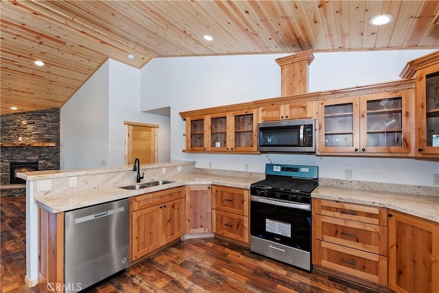 kitchen with appliances with stainless steel finishes, wood ceiling, dark wood-type flooring, and sink