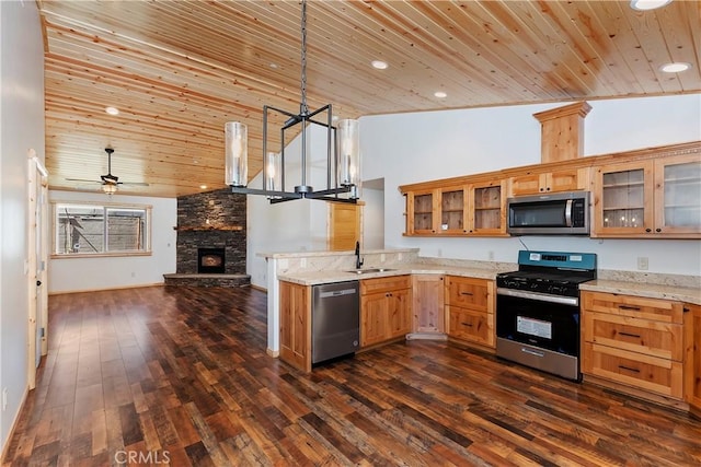 kitchen with wooden ceiling, a stone fireplace, appliances with stainless steel finishes, decorative light fixtures, and dark hardwood / wood-style flooring