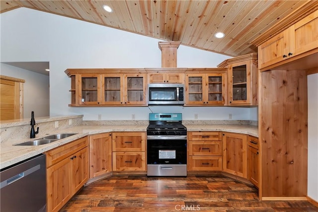 kitchen featuring appliances with stainless steel finishes, dark hardwood / wood-style flooring, vaulted ceiling, sink, and wooden ceiling