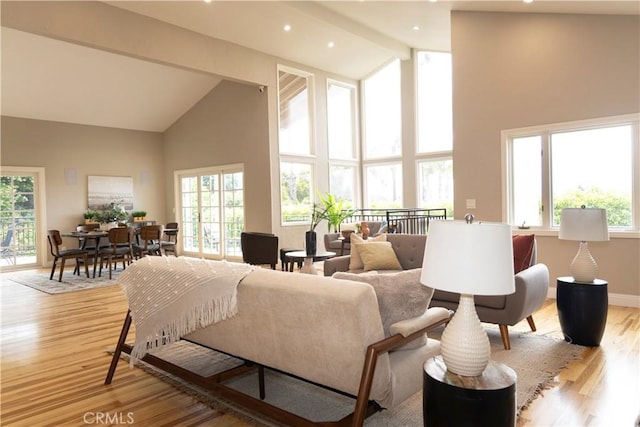 6829 Corintia St, Carlsbad, CA 92009 - living room featuring high vaulted ceiling, healthy amount of natural light, light wood-type flooring, baseboards, and recessed lighting