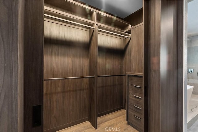 spacious closet with elevator and light wood-type flooring