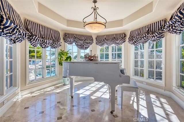 interior space featuring a healthy amount of sunlight and a tray ceiling