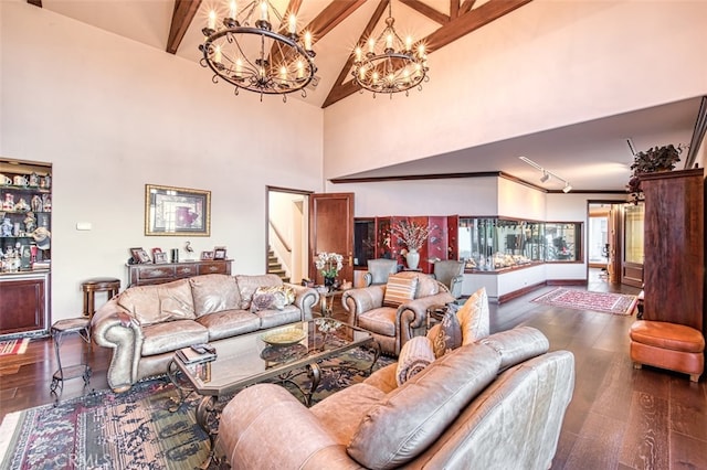 living room with high vaulted ceiling, a chandelier, beamed ceiling, and dark wood-type flooring