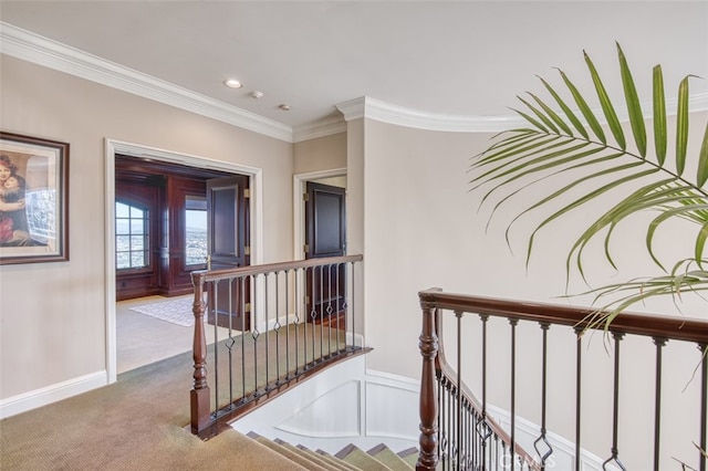 hallway with crown molding and light colored carpet