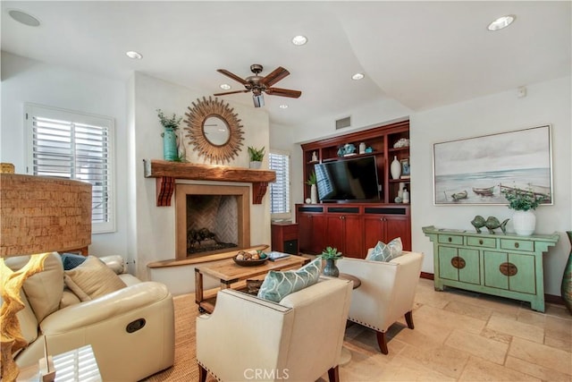 living room featuring ceiling fan