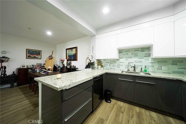 4568 W 1st St Unit 307, Los Angeles, CA 90004 - kitchen featuring dishwasher, a sink, white cabinetry, a peninsula, and light wood-style flooring