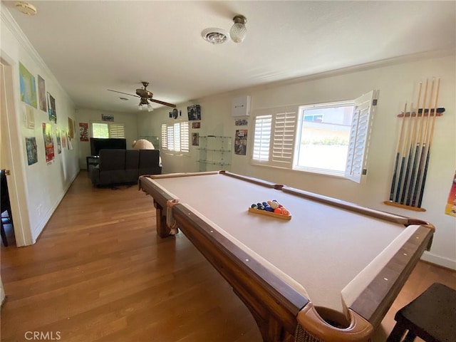 game room featuring hardwood / wood-style flooring, ceiling fan, and billiards