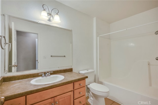 full bathroom with vanity, bathtub / shower combination, toilet, and tile patterned floors