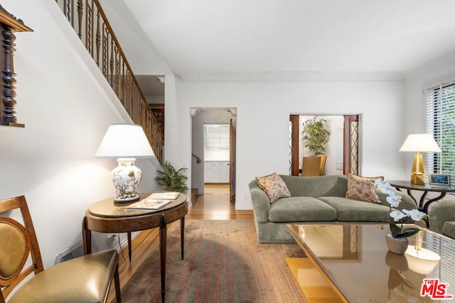 living room with ornamental molding and light hardwood / wood-style flooring