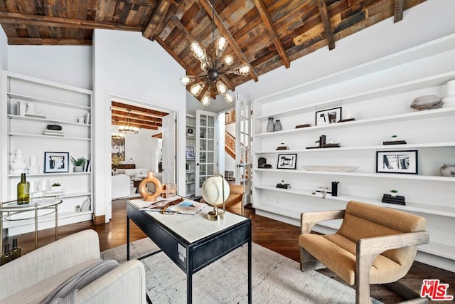 home office with wood-type flooring, beamed ceiling, a notable chandelier, high vaulted ceiling, and wooden ceiling