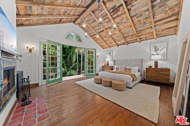 bedroom featuring high vaulted ceiling, beamed ceiling, wooden ceiling, and dark wood-type flooring