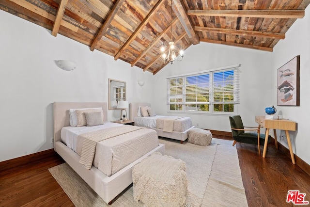 bedroom featuring vaulted ceiling with beams, wood-type flooring, an inviting chandelier, and wooden ceiling