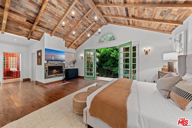 bedroom featuring beamed ceiling, dark hardwood / wood-style floors, high vaulted ceiling, and wooden ceiling