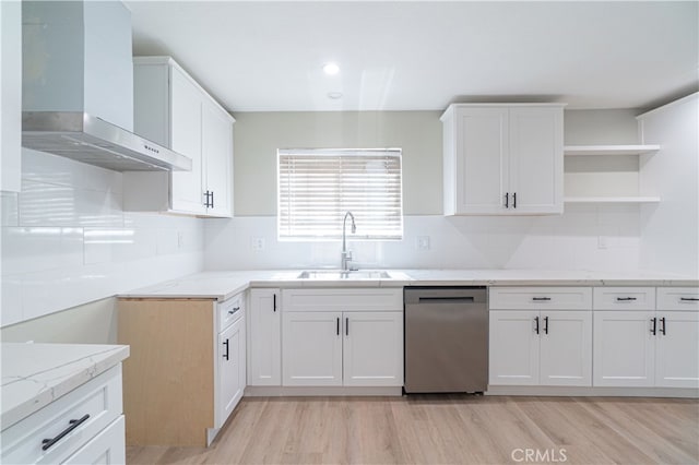 kitchen featuring white cabinetry, stainless steel dishwasher, wall chimney exhaust hood, and sink