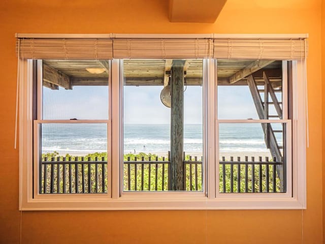 details with a view of the beach and a water view